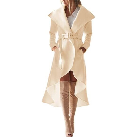 Women's Winter Wool Trench Coat Wrap Large Collar High Low Jacket with Belt